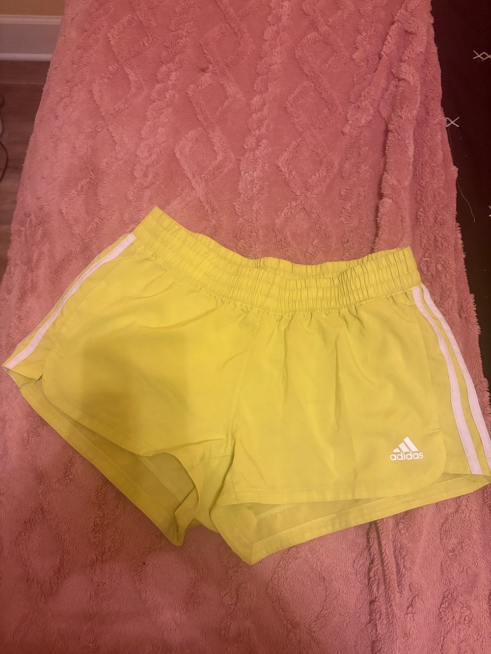 adidas Women's Neon Yellow Athletic Shorts with White Stripes